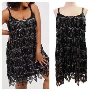Torrid 2 (2X 18/20) Black/Silver Mini Sequin Fringe Cocktail Party‎ Tank Dress